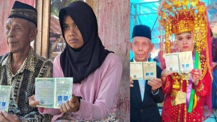 PERNIKAHAN BEDA USIA - (kiri) Sai'un (73) dan Bunga Fitri (27) saat menunjukkan kartu nikah saat ditemui di kediamannya, Senin (4/8/2025). Desa Padang Tambak, Kecamatan Karang Tinggi, Kabupaten Bengkulu Tengah, mendadak menjadi perbincangan warganet dan masyarakat sekitar usai digelar pernikahan tak biasa pada 2 Juli 2025 lalu.