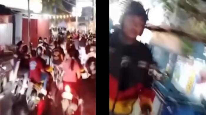 SWEEPING MOTOR - Tangkapan layar viral sweeping motor di Jalan Evakuasi Kota Cirebon, teriakan 'XTC' menggema hingga sebuah warung diduga menjadi sasaran amuk massa.