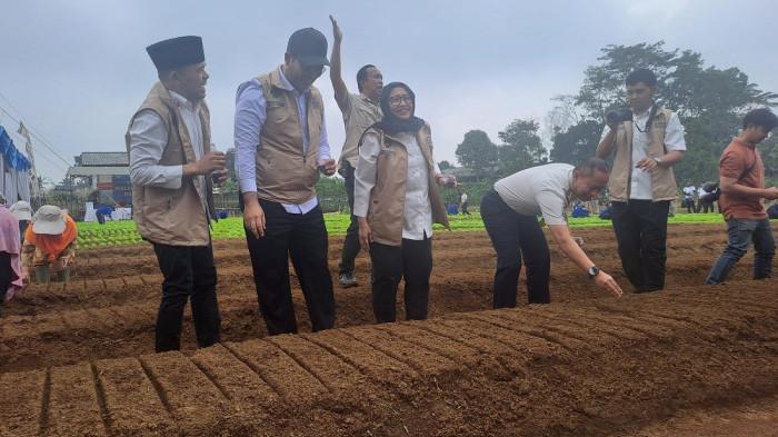 PANEN BAYAM - Wakil Kepala Badan Gizi Nasional (BGN) Nanik Sudaryati Deyang mengecek lahan pertanian yang dikelola warga binaan Lapas Kelas IIB Purwakarta di Desa Cileunca, Kecamatan Bojong, Selasa (10/2/2026). Program ini mendukung penyediaan bahan baku Program Makan Bergizi Gratis (MBG).