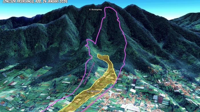 GUNUNG BURANGRANG - Grafis yang memperlihatkan peta longsor di Cisarua, Kabupaten Bandung Barat, Sabtu 24 Januari 2026. Longsor ini menewaskan seratusan warga sipil dan TNI.