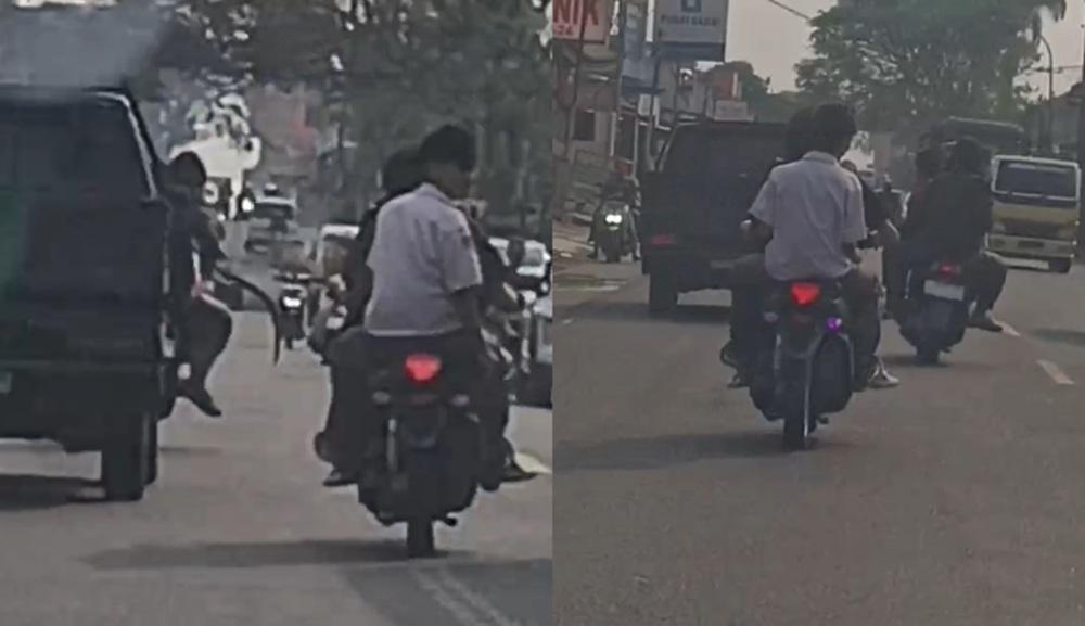 Viral 6 Orang Diduga Pelajar Kendarai Motor Zig-zag hingga Acungkan Senjata Tajam di Cipatat