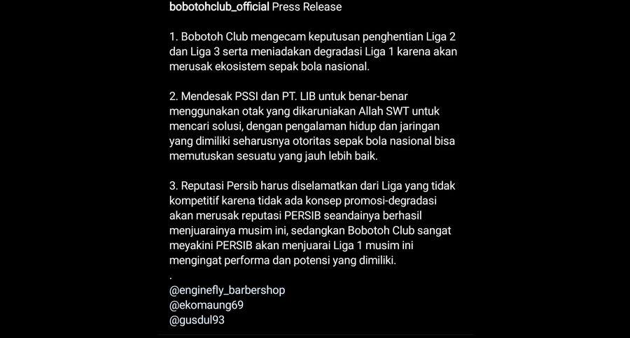 Kecewa Keputusan Exco PSSI Hentikan Liga 2 dan 3, Bobotoh Club Keluarkan Pernyataan Sikap Ini