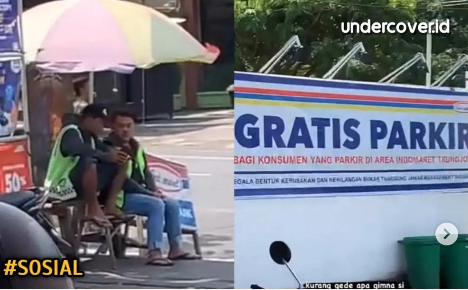 Meski Terpasang Spanduk Besar 'Parkir Gratis', Jukir Tetap Nongkrong di Minimarket, Videonya Viral