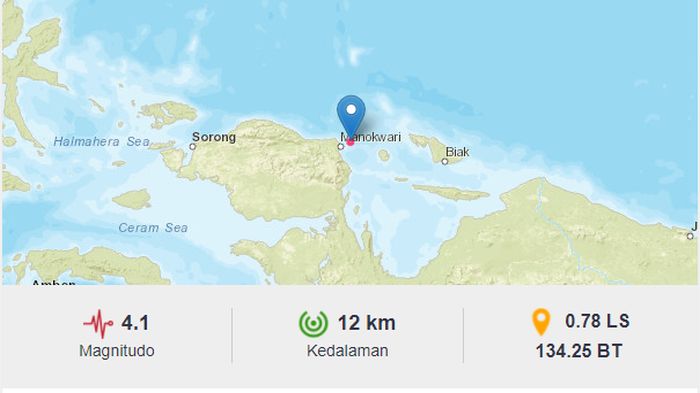 Malam Ini, Gempa Bumi Goyang Manokwari Papua, Pusat Gempa di Kedalaman 12 Km