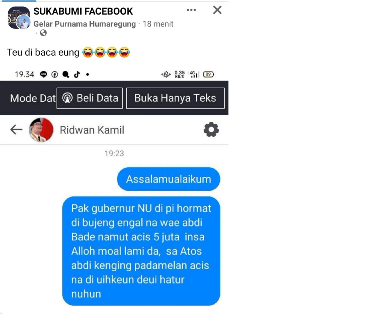 Viral Warga Sukabumi Pinjam Uang ke Ridwan Kamil via DM Medsos tapi Tak Dibaca
