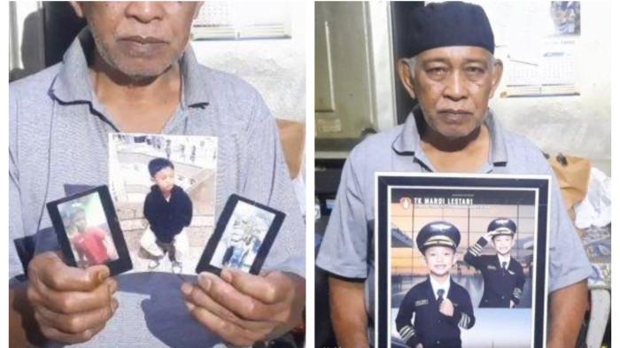 ALVARO HILANG - Tugimin (71), kakek dari Alvaro Kiano Nugroho (6), menunjukkan foto cucunya yang hilang selama 48 hari di Pesanggrahan, Jakarta Selatan, Rabu (23/4/2025).