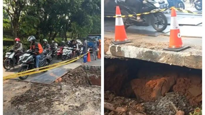 JALAN AMBLES - Arus lalu lintas Jalan Raya Lenteng Agung, Jagakarsa, Jakarta Selatan mulai bergerak pada Jumat (29/5/2026) sore. Jalan ambles yang mengarah ke Depok, ditutup menggunakan pelat besi. Tiga lajur kini sudah dapat dilintasi pengendara motor maupun mobil.