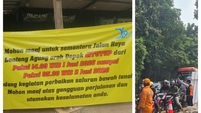 JALAN DITUTUP - Perbaikan jalan ambles di Jalan Raya Lenteng Agung, Jakarta Selatan dikebut pada hari ini, Senin (1/6/2026). Petugas bakal melakukan pengecoran mulai siang ini pukul 14.00 WIB.