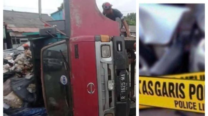 KECELAKAAN DI BOGOR - Insiden kecelakaan hari ini di Jalan Raya Parung, truk bermuatan sampah terguling pada Senin (9/3/2026).