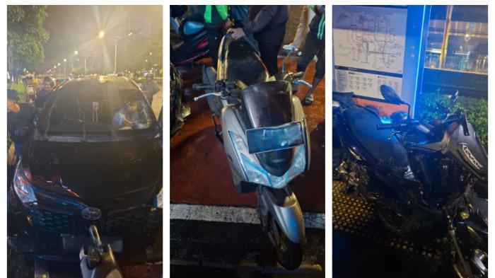 KECELAKAAN DI JAKSEL - Kecelakaan hari ini di Jalan Jenderal Sudirman, Jakarta Selatan, mobil menabrak dua sepeda motor dan gerobak bakso, Jumat (6/3/2026).