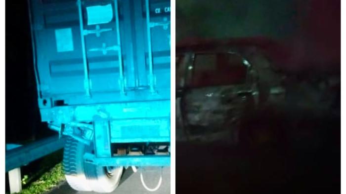 KECELAKAAN DI TOL JAGORAWI - Mobil yang terbakar di Tol Jagorawi arah Bogor, Jawa Barat setelah gagal menyalip truk, Selasa (3/3/2026).