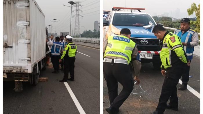 KECELAKAAN HARI INI - Insiden kecelakaan hari ini di Tol Dalam Kota, truk berwarna putih ringsek parah pada Jumat (15/5/2026).