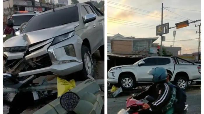 KECELAKAAN HARI INI - Warga melihat ke arah mobil yang mengalami kecelakaan tunggal di Jalan Demang Lebar Daun, simpang Parameswara, Palembang, Rabu (6/5/2026) pagi. Mobil berkelir putih bernomor polisi BG 8280 tampak ringsek di bagian bumper dan kap mobil.