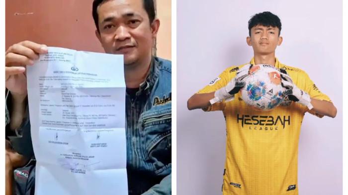 KONDISI KORBAN TPPO - Ayahanda Riski Nur Fadhilah, Dedi Solehudin sedang memegang bukti laporan polisi. Fadhil diduga jadi korban TPPO di Kamboja. Keluarga Rizki Nur Fadhilah (18) lega setelah mengetahui keberadaan kiper muda asal Bandung itu di Kamboja.