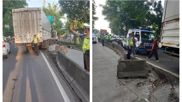 KECELAKAAN HARI INI - Insiden kecelakaan hari ini di Jalan Daan Mogot, truk menabrak separator busway, Kamis (8/4/2026) pagi. Lalu lintas padat