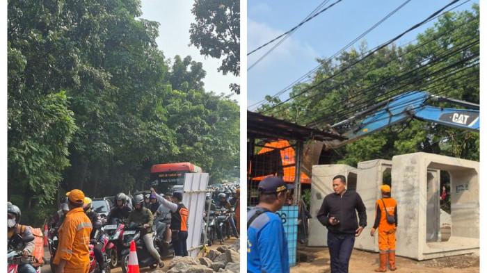 MACET PARAH - Perkembangan terkini Jalan Raya Lenteng Agung, Jagakarsa, Jakarta Selatan yang ambles, Senin (1/6/2026). Perbaikan jalan itu menyebabkan kemacetan sepanjang 2,5 kilometer (Km) dari Stasiun Universitas Pancasila arah Depok, Jawa Barat.