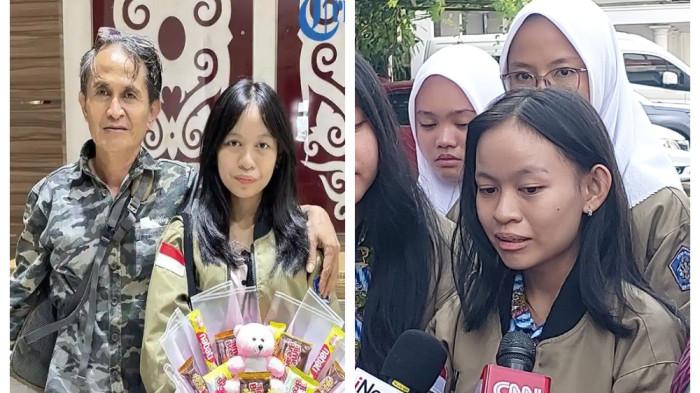 PELUKAN BANGGA - Pelukan bangga Andre Kuncoro untuk putrinya Josepha Alexandra atau Ocha terlihat di Ruang VIP Bandara Supadio, Kubu Raya, Kamis (14/2/2026). Ocha merupakan siswi SMAN 1 Pontianak peserta Lomba Cerdas Cermat (LCC) 4 Pilar tingkat Provinsi Kalimantan Barat.