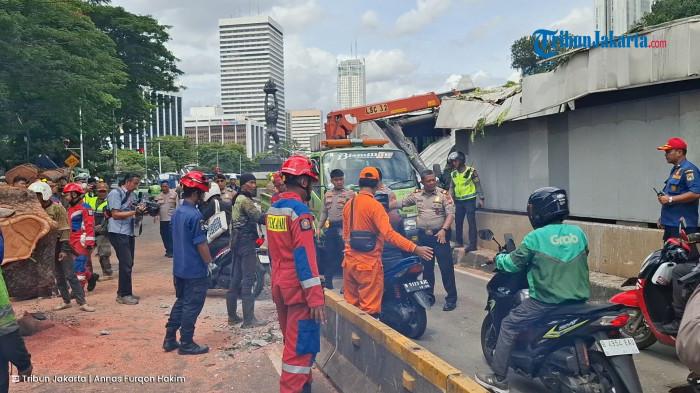 POHON TUMBANG  - Jalan Sisingamangaraja, Kelurahan Gunung, Kebayoran Baru, Jakarta Selatan, perlahan mulai bisa dilintasi kendaraan setelah insiden pohon tumbang, Kamis (20/11/2025).