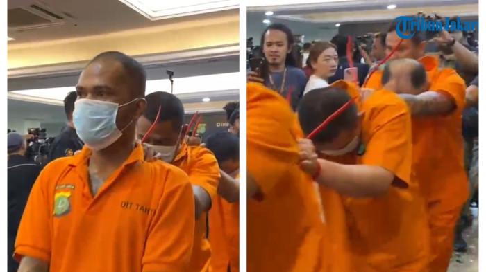 Para tersangka penculikan kacab bank BUMN Mohamad Ilham Pradipta saat dihadirkan dalam konferensi pers di Polda Metro Jaya, Jakarta Selatan, Selasa (16/9/2025).