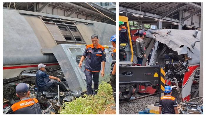 RINGSEK TERSISA ATAP - Gerbong wanita KRL Jakarta-Cikarang ringsek usai mengalami kecelakaan dengan KA Argo Bromo Anggrek di Stasiun Bekasi Timur, proses evakuasi bangkai kereta berlangsung pada Selasa (28/4/2026).