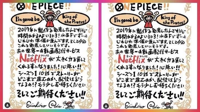 Kamis 30 Januari 2020 One Piece jadi trending topic, Netflix umumkan akan buat live action manga populer Jepang ini, ini surat tulisan Eiichiro Oda. 
