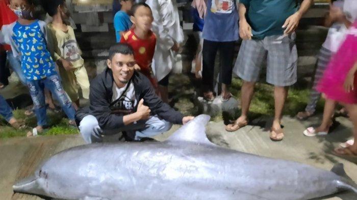 Warga berfoto di depan bangkai lumba-lumba yang ditemukan mati terdampar di Sungai Segah, Jl Kartini, Pelabuhan Tanjung Redeb, Kabupaten Berau, Provinsi Kalimantan Timur, Sabtu (19/9/2020) malam.