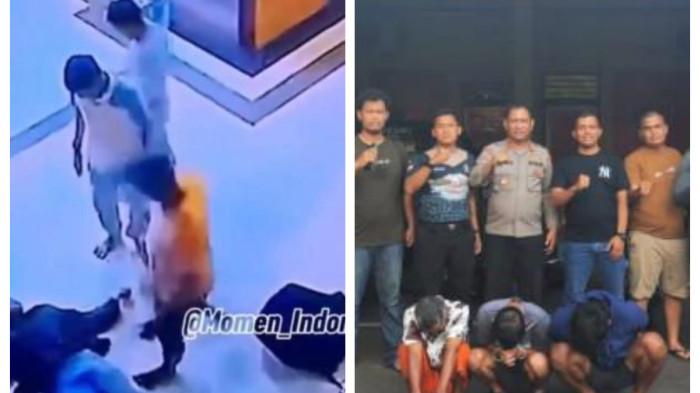 PENGANIAYAAN MUSAFIR - (Kiri foto) Detik-detik penganiayaan seorang musafir Arjuna Tamaraya di Masjid Agung Sibolga dan (kanan foto) Sejumlah pelaku penganiayaan telah diamankan polisi. (@momen_indonesia dan Istimewa).