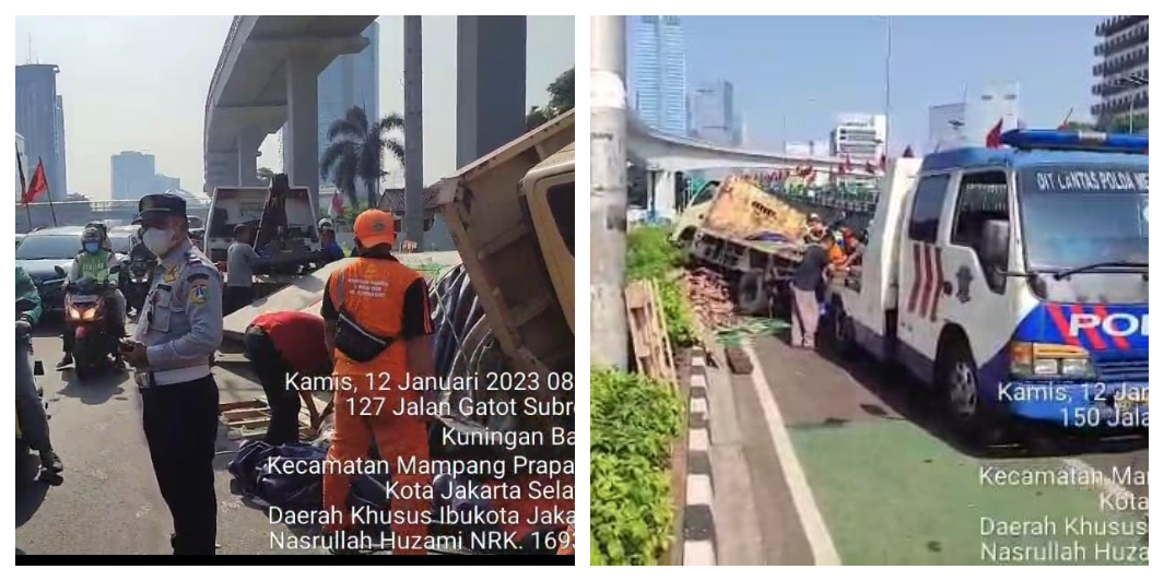 Kecelakaan Hari Ini: Kelebihan Muatan Keramik, Truk di Jalan Gatot Subroto Jaksel Alami Patah AS