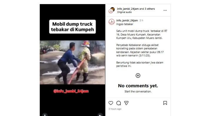 TRUK TERBAKAR - Satu uni mobil dump truk tiba-tiba terbakar di tengah jalan di kawasan Kecamatan Kumpeh Ulu, Kabupaten Muaro Jambi pada Senin pagi (3/11/2025) sekitar pukul 09.17 WIB.