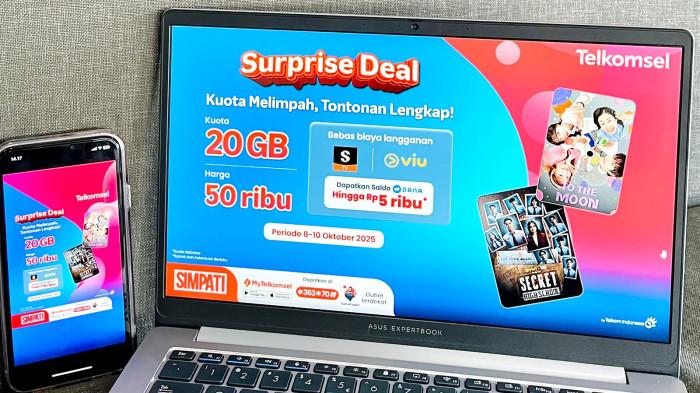 Surprise Deal :  Kali ini, pelanggan dapat menikmati kuota internet besar 20GB hanya dengan harga Rp50 ribu, sudah termasuk bebas biaya langganan ShortMax dan Viu