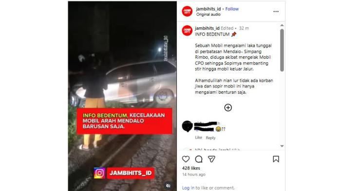 Kecelakaan di kawasan perbatasan Mendalo - Simpang Rimbo, Kota Jambi, Minggu malam (16/11/2025).