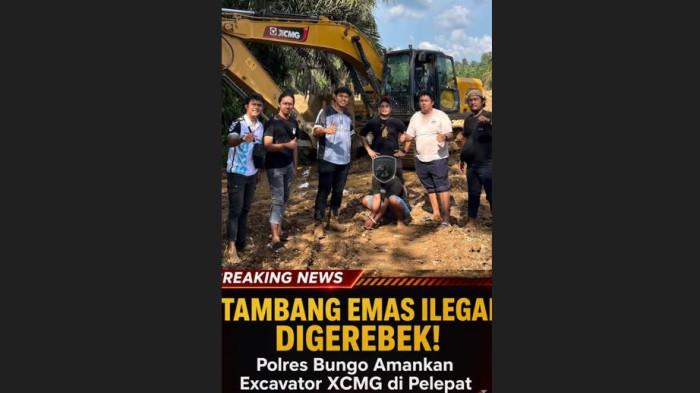 Polres Bungo menangkap 4 pelaku tambang emas ilegal dan menyita satu unit alat berat di kawasan Desa Baru Pelepat, Kecamatan Pelepat, Kabupaten Bungo pada  Selasa (28/4/2026).