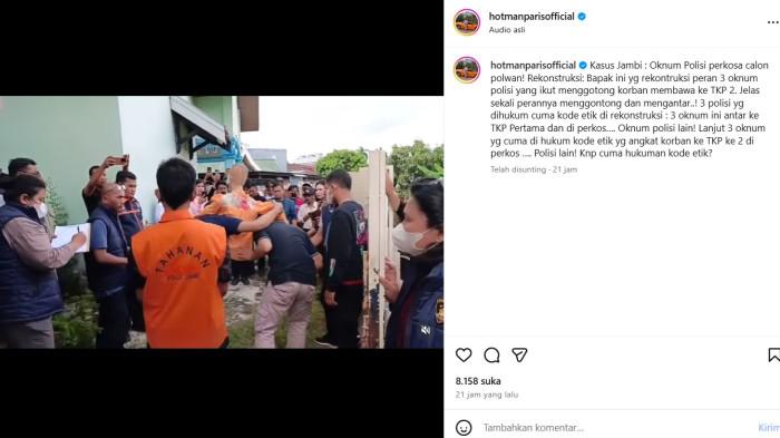 REKONSTRUKSI - Hotman Paris mengunggah potongan rekaman video rekonstruksi kasus pemerkosaan terhadap perempuan 18 tahun di Jambi,melalui akun Instagram pribadinya, @hotmanparisofficial.