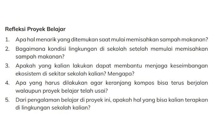 Berikut ini adalah kunci jawaban Ilmu Pengetahuan Alam dan Sosial (IPAS) kelas 5 SD Kurikulum Merdeka bagian Refleksi Proyek Belajar BAB 2 Harmoni dalam Ekosistem halaman 73.