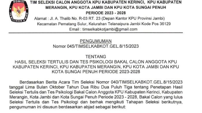 BREAKING NEWS Ini 20 Besar Calon Komisioner KPU 4 Kabupaten/Kota di Jambi