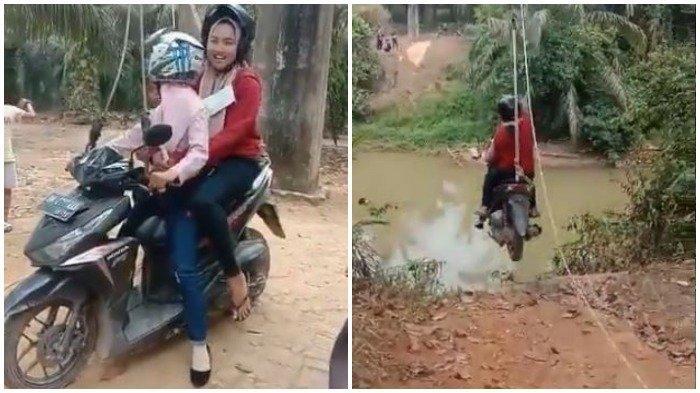 Viral Medsos 2 Cewek Meluncur di Atas Sungai Naik Sepeda Motor yang Digantung Tali