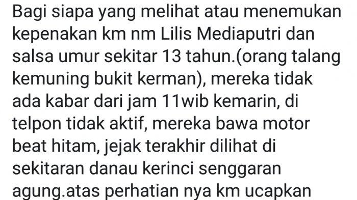 Dua Remaja Putri di Kerinci Dikabarkan Hilang Sejak Kemarin, Diposting ke Grup Media Sosial