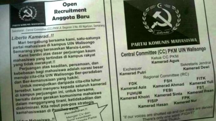 UIN Walisongo Semarang Heboh Pamflet Partai Komunis Mahasiswa