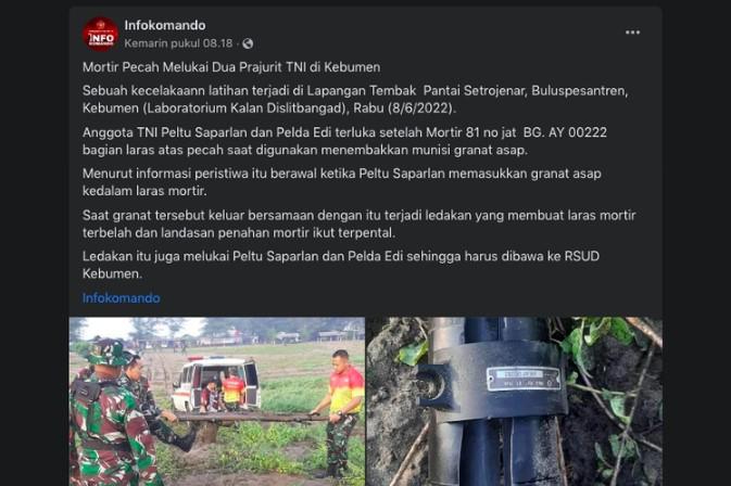 Satu Prajurit TNI AD Meninggal dan Satu Terluka Karena Mortir Pecah saat Latihan