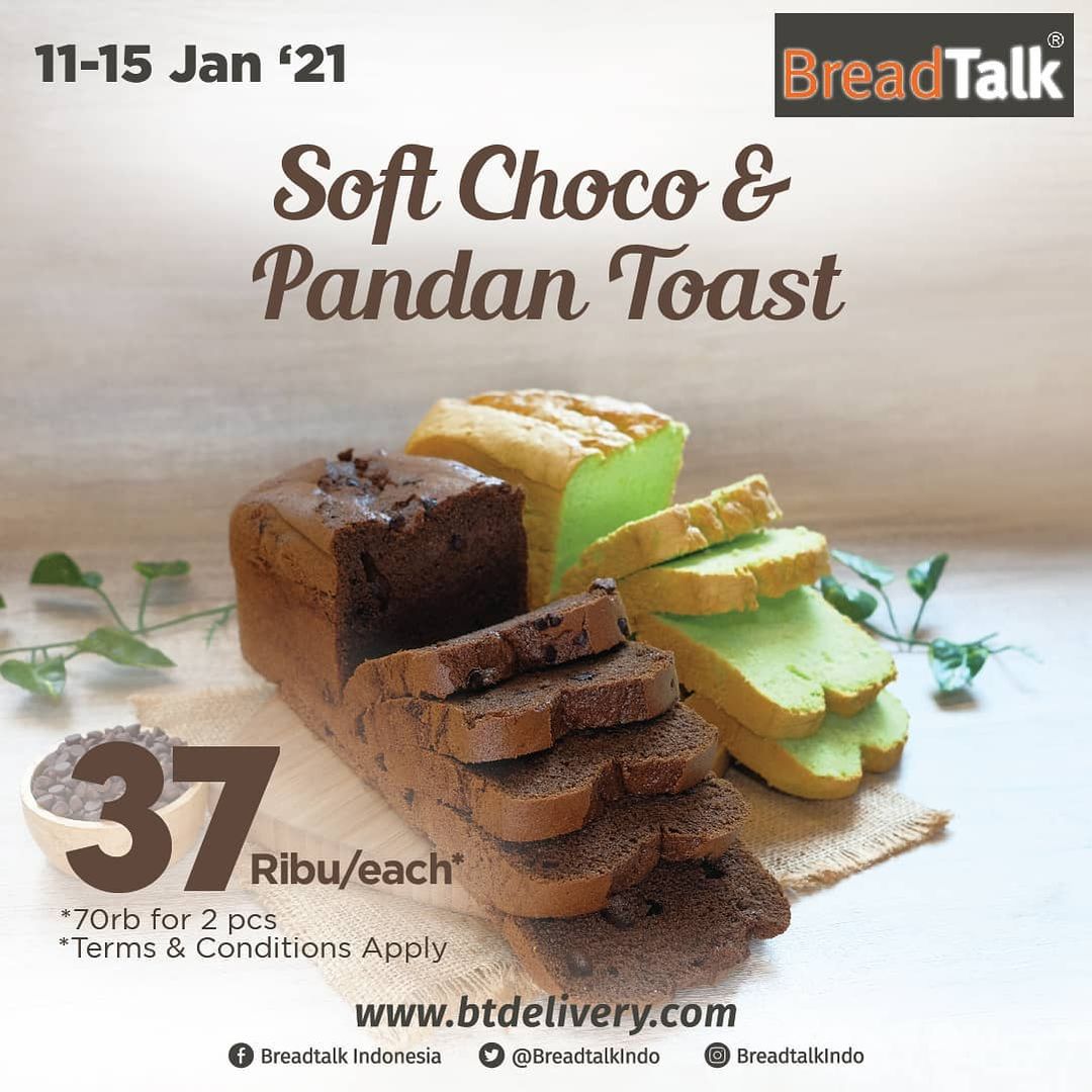 Promo BreadTalk Hari Ini 13 Januari 2021, Rp 70.000 Dapat 2 Soft Choco atau Pandan Toast