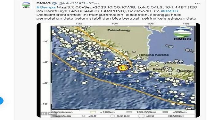 Gempa Hari Ini Rabu 6 September 2023 Guncang Lampung Bermagnitudo 3.7, Ini Titiknya