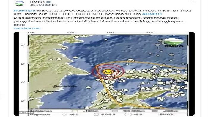 Tolitoli Sulteng Diguncang Gempa Hari Ini Rabu 25 Oktober 2023, Simak Data dari BMKG