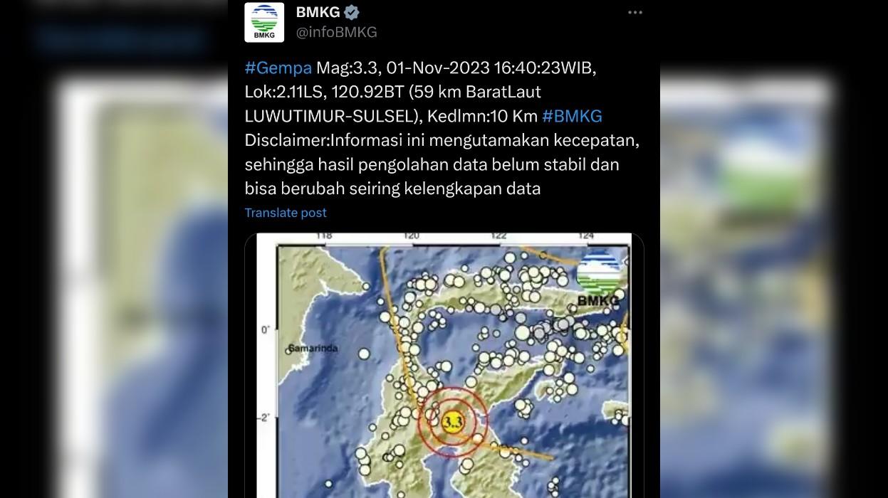 Luwu Timur Sulawesi Selatan Diguncang Gempa Hari Ini Rabu 1 November 2023