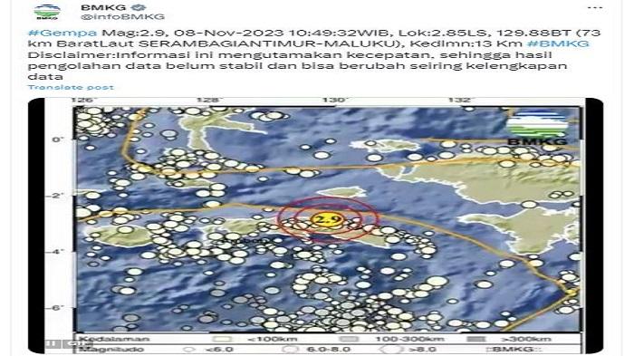 Seram Bagian Timur Maluku Diguncang Gempa Hari Ini Rabu 8 November 2023, di Kedalaman 13 Kilometer