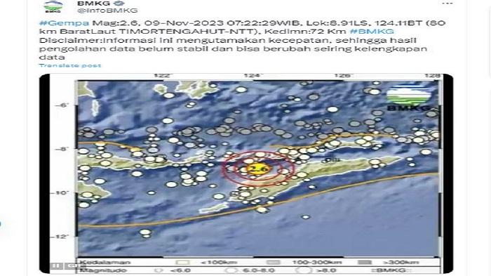 Gempa Terkini Kamis 9 November 2023 Getarkan Timor Tengah NTT, BMKG: Bermagnitudo 2,6