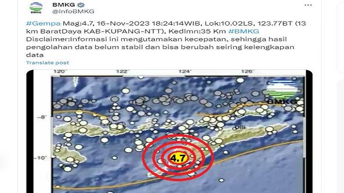 Gempa Terkini Kamis 16 November 2023: Kembali Getarkan Kupang NTT, Bermagnitudo 4,7