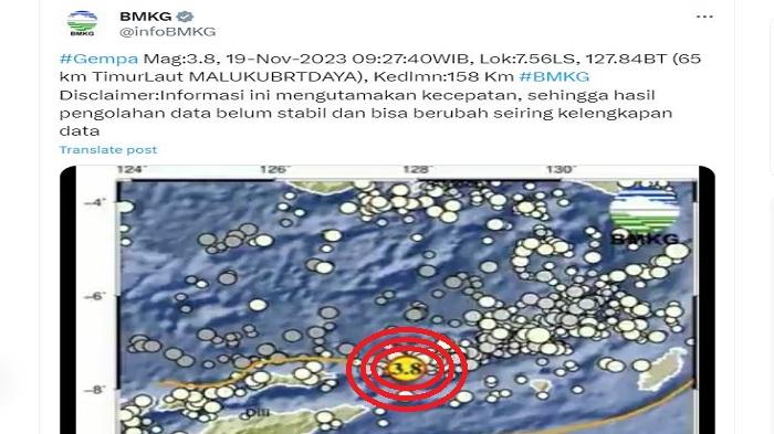 Gempa Hari Ini Minggu 19 November 2023 Getarkan Maluku Barat Daya: Bermagnitudo 3,8