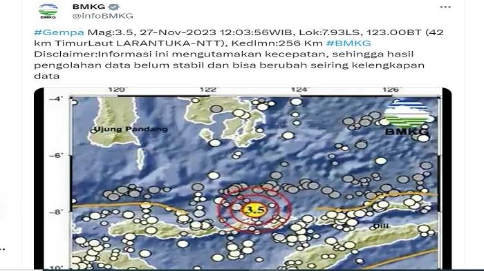 Info Gempa Hari Ini Senin 27 November 2023 di Larantulka NTT, Bermagnitudo 3,5