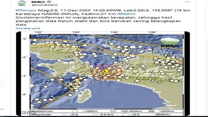 Gempa Hari Ini Kembali Getarkan Wilayah Papua, Kali Ini di Nabire Bermagnitudo 3.5