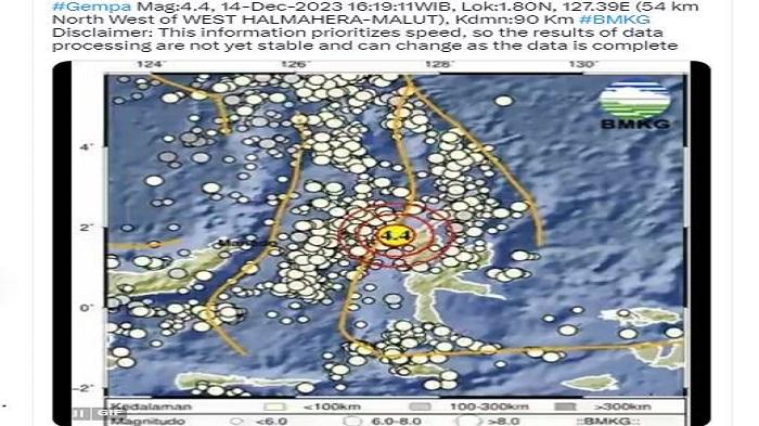 Kabar Gempa Hari Ini Kamis 14 Desember 2023 di Maluku Utara dengan Bermagnitudo 4.4